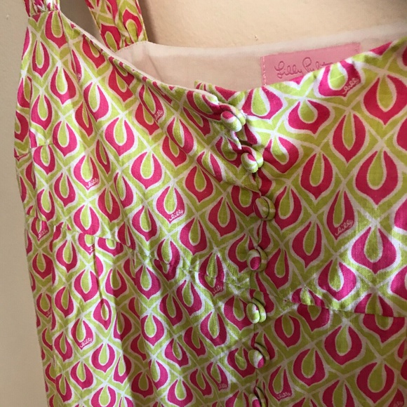 Lily Pulitzer Sz 8 Pink Green Geometric Sundress Button Pockets Zip Linen blend - Picture 3 of 10